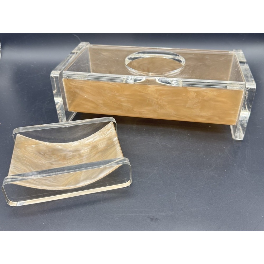 Vintage Handmade Lucite Bathroom Set MCM Acrylic Tissue Holder & Soap Dish